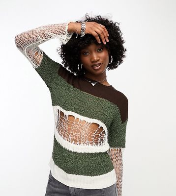 COLLUSION multi-knit stripe sweater with ladder detail in green and white