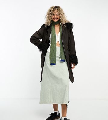 COLLUSION nylon longline coat in brown with black faux fur
