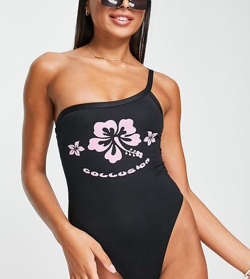 COLLUSION one shoulder swimsuit with hibiscus print in black - BLACK