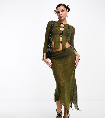 COLLUSION open stitch knitted midi skirt with asymmetric hem in khaki - part of a set-Green