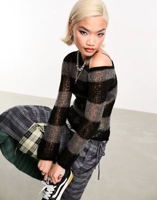 COLLUSION open stitch off the shoulder stripe sweater in black and gray