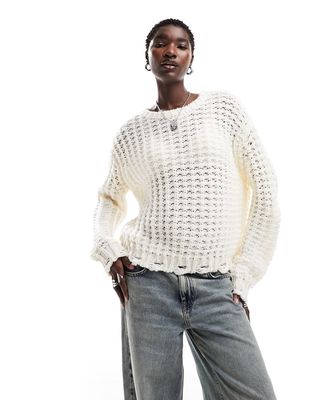 COLLUSION oversized open-stitch heavy sweater in ecru-White