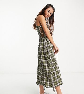 COLLUSION plaid ruched detail midi dress in multi