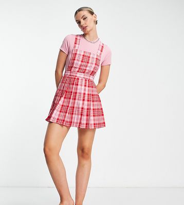 COLLUSION pleated pinafore summer dress in pink and red check-Multi