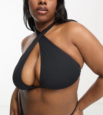 COLLUSION Plus adjustable halterneck textured bikini top in black