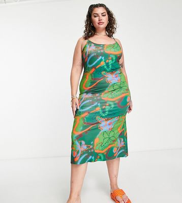 COLLUSION Plus butterfly print cami midi dress in green