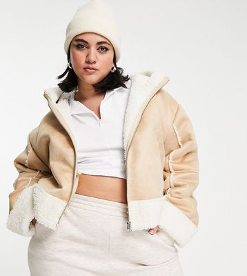 COLLUSION Plus cropped faux shearling jacket in beige-Neutral