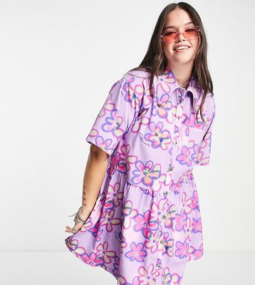 COLLUSION Plus floral twill button down smock dress in purple