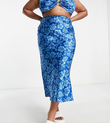 COLLUSION Plus hawaiian print satin slip maxi skirt in blue - part of a set