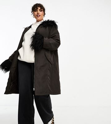 COLLUSION Plus nylon longline fur trim coat in brown with black faux fur