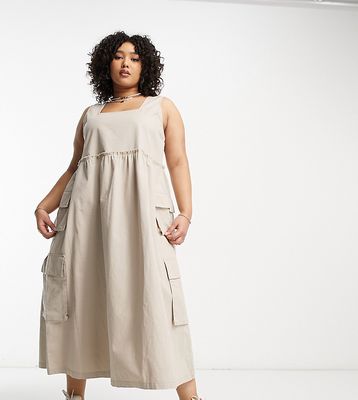 COLLUSION Plus utility pocket pinafore maxi dress in neutral