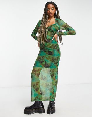 COLLUSION printed long sleeve cup detail maxi dress in green