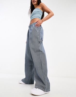 COLLUSION pull on denim cargo pants in blue ticking stripe