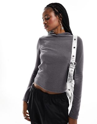 COLLUSION ribbed hooded top in gray-Black