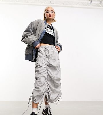 COLLUSION ruched parachute midi skirt in light gray