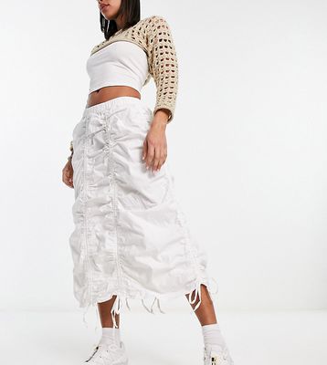 COLLUSION ruched parachute midi skirt in white