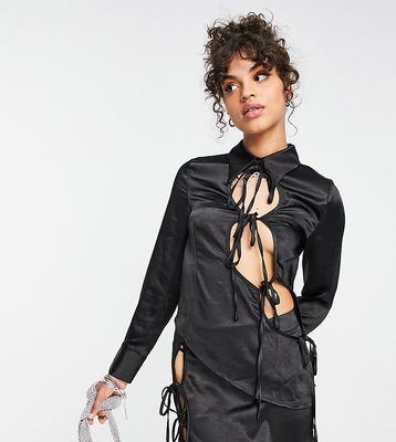 COLLUSION satin cut out tie front shirt in black - part of a set