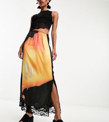 COLLUSION satin maxi slip skirt with lace hem in print-Gray
