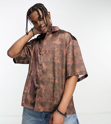 COLLUSION short sleeve satin shirt in brown and black print