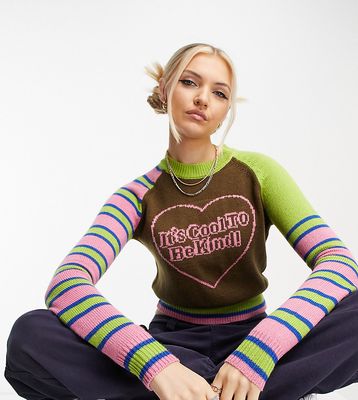 COLLUSION shrunken fit knitted sweater with slogan in multi