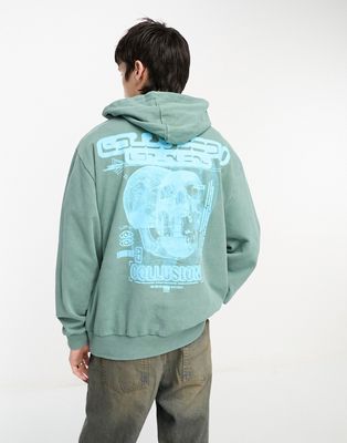 COLLUSION skull print hoodie in washed dark green