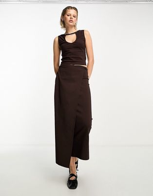 COLLUSION strap detail bengaline wrap maxi skirt in brown