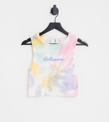 COLLUSION tie dye ribbed tank top with embroidery-Multi