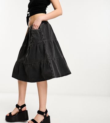 COLLUSION tiered washed 90's knee length skirt with toggles in gray