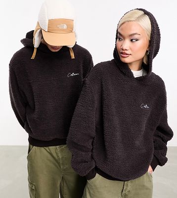 COLLUSION Unisex borg hoodie in brown with embroidered logo
