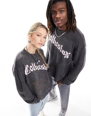 COLLUSION Unisex branded distressed hem sweater in charcoal-Gray