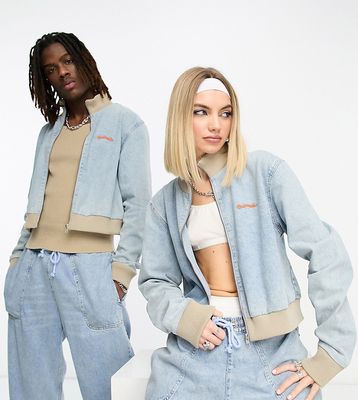 COLLUSION Unisex cropped denim bomber jacket with stitched branding in light blue - part of a set
