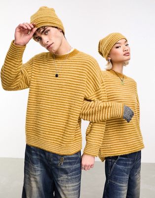 COLLUSION Unisex eyelash fluffy oversized stripe sweater in mustard-Yellow