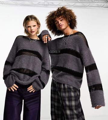 COLLUSION Unisex faux fur open knit stitch hybrid sweater in purple and black-Multi