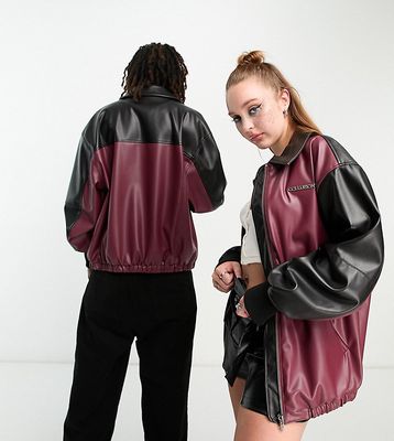 COLLUSION Unisex faux PU track jacket in black and burgundy