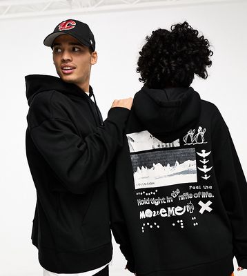 COLLUSION Unisex hold tight back print oversized hoodie in black