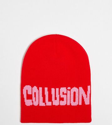 COLLUSION Unisex jacquard branded beanie in red and pink