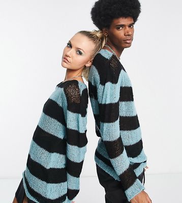 COLLUSION Unisex knit open stitch striped sweater in black and blue