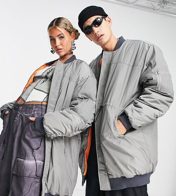 COLLUSION Unisex longline bomber jacket with drawstring details in gray