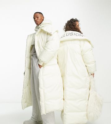 COLLUSION Unisex longline duvet puffer coat with detachable hood in ecru-White