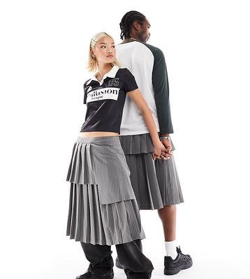 COLLUSION Unisex longline kilt skirt in dark gray pinstripe