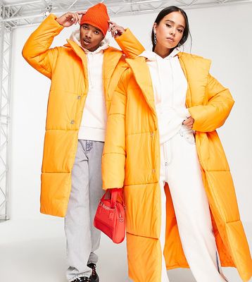 COLLUSION Unisex longline nylon puffer coat in orange