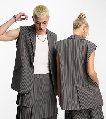 COLLUSION Unisex longline vest in dark gray pinstripe - part of a set