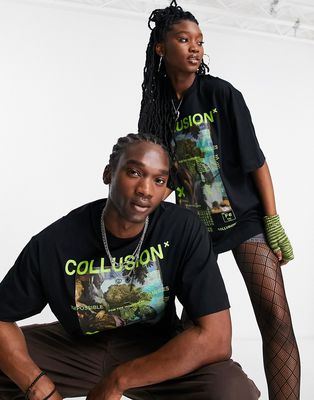 COLLUSION unisex magazine front print T-shirt in black