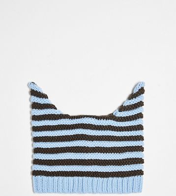 COLLUSION Unisex novelty beanie with ears in blue and brown stripe-Multi