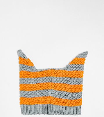 COLLUSION Unisex novelty beanie with ears in orange and gray stripe-Multi