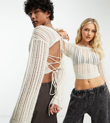 COLLUSION Unisex open stitch backless sweater in white