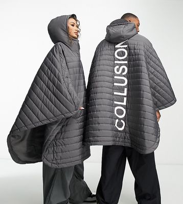 COLLUSION Unisex oversized branded quilted poncho in gray