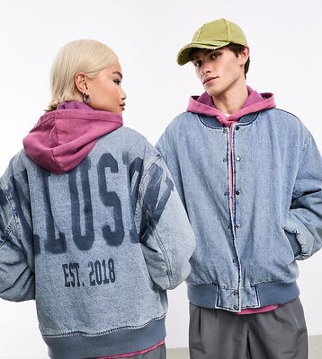 COLLUSION Unisex oversized denim bomber jacket with branding in blue