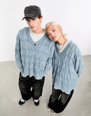 COLLUSION Unisex oversized washed distressed cable knit sweater in light blue