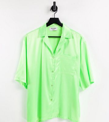 COLLUSION Unisex satin camp collar shirt in neon green - part of a set